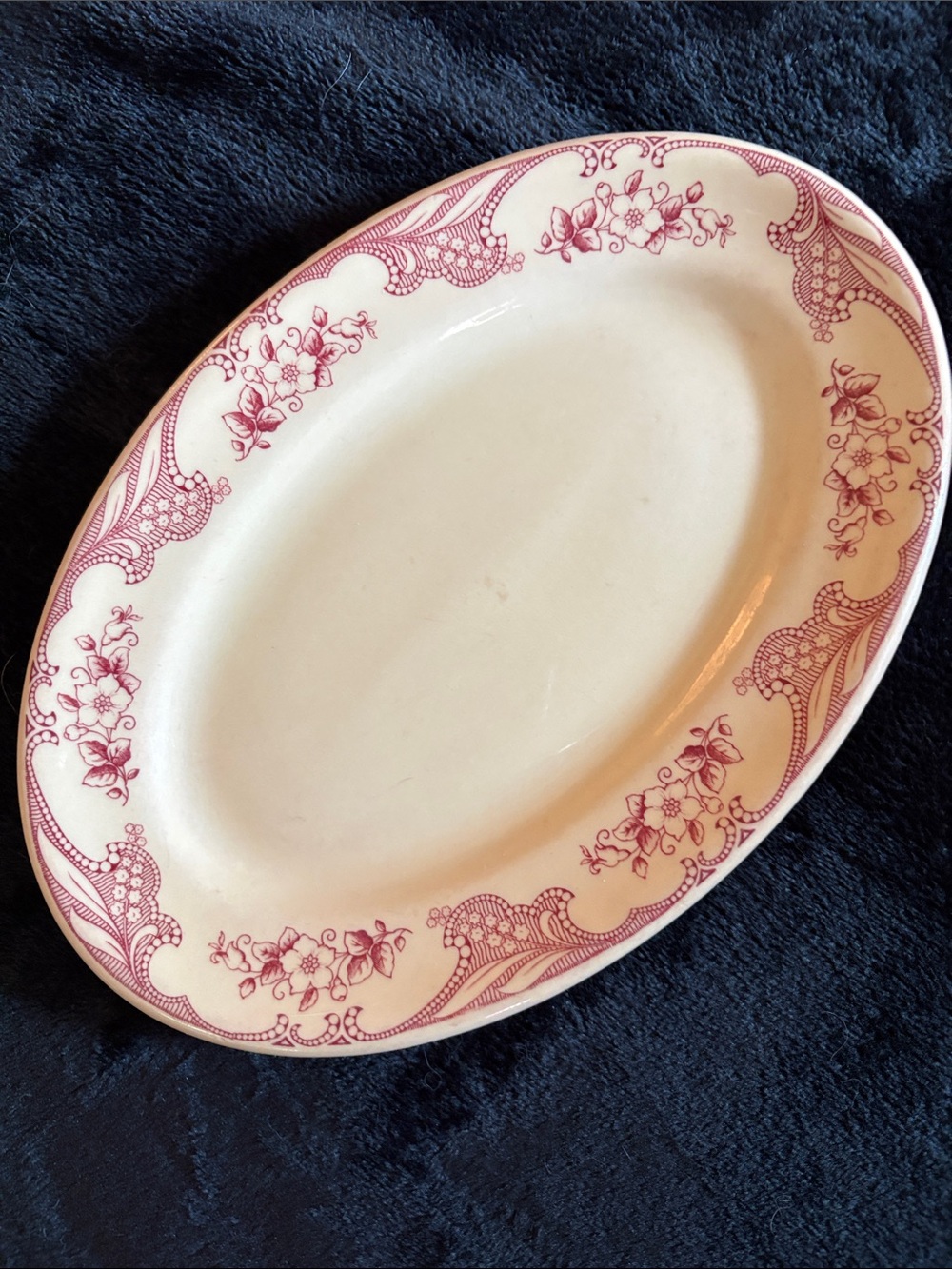 Vintage Floral Rim Oval Serving Platter - Cream with Pink Pattern - Shenango